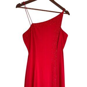 Vintage Y2K Niki Livas Ball Gown Dress Size 12 Red Beaded One Shoulder Slit Vamp